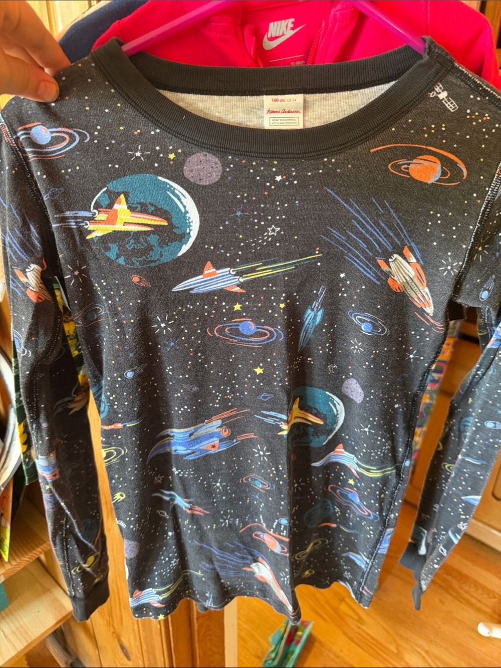 Hanna Anderson Black Long-Sleeve Tee with Colorful Space Rocket Print